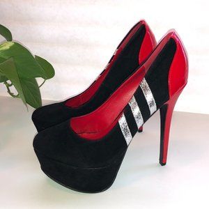 ALMOST NEW! BLACK SUEDE RED PATENT LEATHER SILVER STRIPED PLATFORM SPIKED HEELS